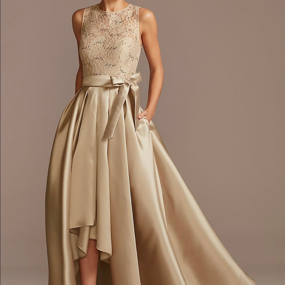 David’s Bridal Gold Sequin Lace and Mikado High Low Hem Gown with Bow (S…